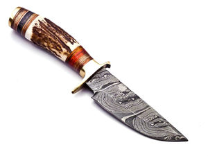 Cuchillo de caza de supervivencia de acero de Damasco con mango de asta de ciervo, espiga recta, 8.5 pulgadas, multifunción para exteriores - Product Image 5