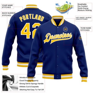 Custom Sublimation Uniform Royal <b>Gold</b> White Bomber Varsity Letterman Jacket Full Snap <b>Button</b> Casual Fashion Sports Outerwear - Product Image 2