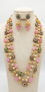 Gold Plated Ethnic Jewelry <b>Set</b> With <b>Pearl</b> And Pink Gemstone <b>Necklace</b> Earrings For Women Wedding Style - Product Image 3