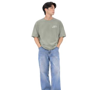 <b>Men's</b> Oversized Sage <b>Green</b> Crew Neck <b>T</b> <b>Shirt</b> with Relaxed Fit Light Blue Jeans Casual Streetwear Outfit - Product Image 5