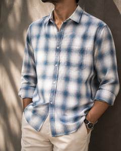 Camisa a Cuadros Gingham Casual para Hombre, 100% Algodón, Cuello Mao, Corte Holgado, Manga Larga, Exportación de BD - Product Image 4