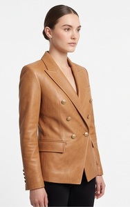 Blazer en cuir croisé pour femme, coupe ajustée, couleur camel, sur mesure, pour le bureau, fournisseur en gros - Product Image 3