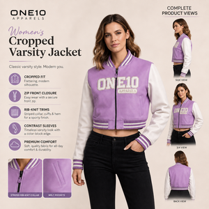 ONE10 APPARELS Women's Cropped <b>Varsity</b> <b>Jacket</b> Breathable Lightweight <b>Purple</b> White Contrast Sleeve Zip Front Full Sleeve Color - Product Image 1