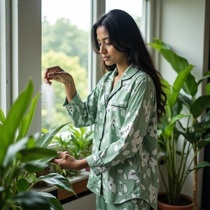 Conjunto de pijama de viscosa sedosa para mujer, Conjunto de pijama de color verde pizarra con detalle de ribete y bolsillos funcionales - Product Image 4