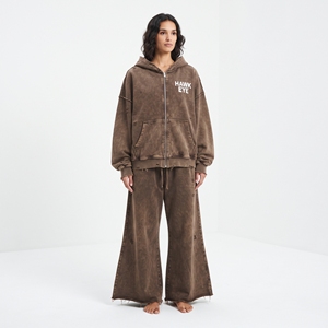 Ensemble survêtement décontracté pour femme en coton délavé marron avec sweat à capuche et pantalon de jogging large, logo personnalisé sur le devant, coupe ample, idéal pour l'automne - Product Image 5