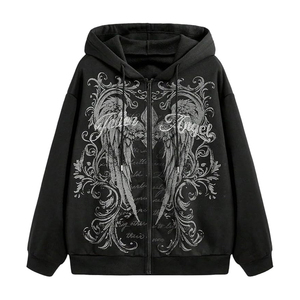 Sudadera con capucha de diamantes de imitación para hombre, corte holgado, manga acampanada, bolsillo lateral, cremallera, estilo urbano, venta al por mayor - Product Image 1