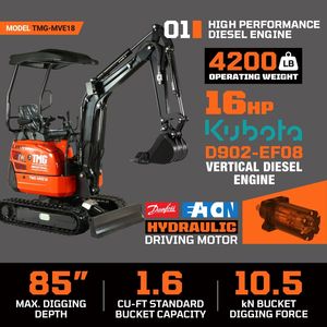 Mini Escavatore Compatto KDK con Motore Eaton, Motore EPA, 1800 KG, 16 CV Diesel, Profondità di Scavo 85'', TMG MVE18, Peso Operativo 9 Tonnellate - Product Image 3