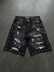 Shorts Bermuda déchirés noirs pour hommes, motif à carreaux, style punk, fermeture boutonnée, taille mi-haute, en coton tissé - Product Image 5