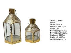 Modern Decorative Metal <b>Lantern</b> Set Golden Finish Featuring Intricate Moroccan Moorish-inspired Patterns Glass Panel Handmade - Product Image 2