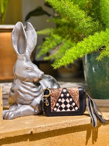 Portable Handmade 100% Genuine Leather Mini Coin Purse Hand Tooling Florals Carved With Checkered Pattern Mini Coin Chain <b>Wallet</b> - Product Image 5