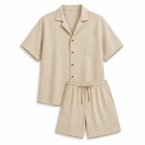 Ensemble de pyjama décontracté pour homme en mélange de lin teint en pièce, chemise à manches courtes à col et short à taille élastique, tenue d'été pour la détente et le sommeil - Product Image 4
