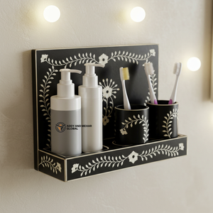 Organizador de pared con incrustaciones de hueso negro de diseño, elegante estante de almacenamiento para tocador, conjuntos decorativos para baño y organizador para aseos. - Product Image 1