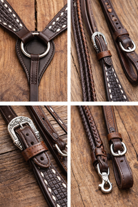Premium Western <b>Leather</b> Headstall Breast Collar Reins Set Hand <b>Tooled</b> Horse Riding Tack - Product Image 2