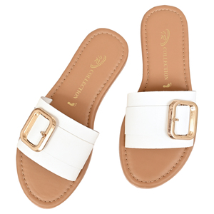 White Leather Slides Gold Buckle Open Toe Flat Sandals <b>Summer</b> Fashion Women's Light Weight Breathable Anti-Slippery Cushioning - Product Image 1