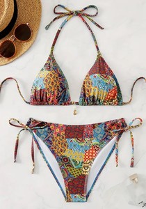 Women's Printed Paisley Bikini Set Halter Neck Tie Side Bottoms With Pearls Decoration Stretch Swimwear - Product Image 2