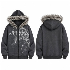 Women's Gothic Hooded <b>Zipper</b> <b>Jacket</b> With Faux Fur Collar Printed Design Winter Wear Fleece Material Regular Length Hoodies - Product Image 1