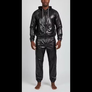 Combinaison de sauna noire à capuche pour homme en fibre de polyéthylène avec fermeture éclair, taille élastique, pour toutes les saisons, vêtements de fitness - Product Image 3