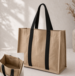 Sac fourre-tout en jute pour usage quotidien, poignée noire, poche intérieure - Product Image 3