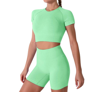 Women's Sporty <b>2</b>-<b>Piece</b> <b>Set</b> Sleeveless Crop Top With <b>White</b> Trim High-Waisted Shorts Solid Knitted Breathable Spring Summer - Product Image 2