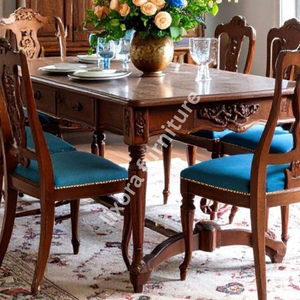 Ensemble de table à manger en bois massif artisanal de luxe pour 6 personnes, chaises sculptées ornées, finition miel premium - Product Image 5