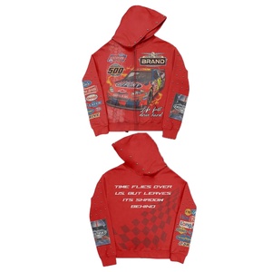 Custom <b>Men's</b> <b>Red</b> Hooded Zip-Up <b>Sweatshirt</b> With Racing Car Print And Brand Logos Sporty Style Autumn Wear Hoodie - Product Image 1