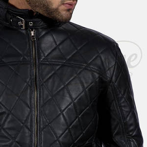 Blouson en cuir matelassé noir premium pour homme, en véritable peau de mouton, avec surpiqûres en losange, coupe ajustée, style motard, manteau tendance - Product Image 4