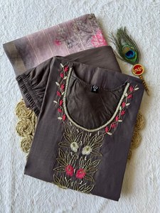 New Designer Women's Indian & Pakistani Clothing Collection Soft Cotton <b>Kurti</b> Set with Hand Work and Heavy Silk Dupatta - Product Image 2