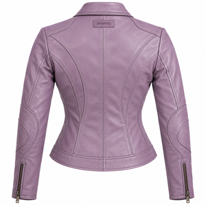 Veste de motard sur mesure pour femme en cuir véritable doux, couleur lilas lavande, avec fermeture éclair oblique, col à revers, coupe ajustée, manteau d'extérieur - Product Image 2
