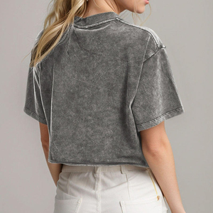 Vintage Streetwear High Quality <b>Drop</b> Shoulder Summer Women's T-shirts <b>Acid</b>-washed Style Knitted Fabric Custom Logo crop top - Product Image 3