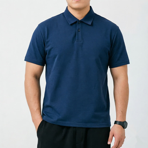 Men's Navy <b>Blue</b> Short Sleeve <b>Polo</b> <b>Shirt</b> Solid Color Casual Style Breathable Woven Fabric Regular Fit - Product Image 1