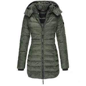 High Quality Deep OEM <b>Women's</b> Long Quilted Hooded <b>Parka</b> Green Polyester Wadding Winter Puffer Jacket Full Sleeve Zipper Closure - Product Image 1