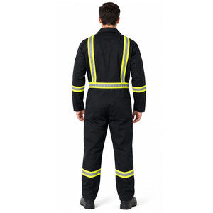 Combinaison de travail réfléchissante personnalisée pour hommes et femmes, avec bandes de sécurité, pour travaux routiers, noire, avec poches, vente en gros - Product Image 4