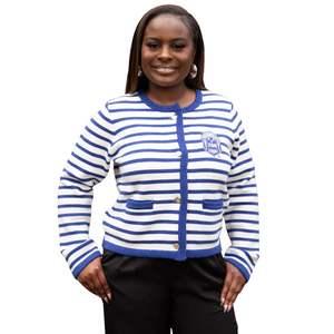 Cárdigan a rayas azules y blancas Zeta Phi Beta para mujer, suéter informal con botones y letras griegas bordadas - Product Image 1
