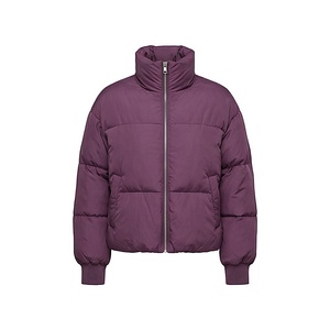 Quilted Puffer Jacket Stand Collar Full Sleeve Winter Coat Thick Polyester Filling Short Length Zipper Closure - Product Image 1