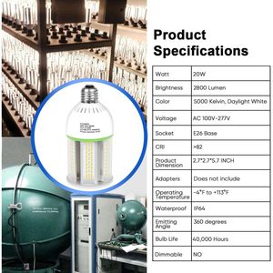 Lampadina LED a Pannocchia 20W E26, 2800 Lumen, Equivalente a 200W, 5000K Luce Bianca Diurna, Categoria Prodotti CFL HID - Product Image 4