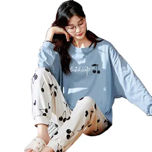 KOREAN style printed night pajamas full sleeves O-neck 100%cotton women pajama sleepwear nightwear full length pajama
