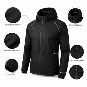 Veste coupe-vent à capuche pour homme avec fermeture éclair intégrale et poignets élastiques, noire unie, vêtement d'extérieur sportif, manteau léger pour la course à pied en automne - Product Image 5