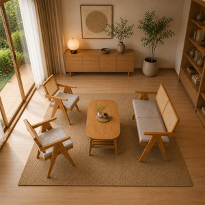 Juego de Muebles de Salón Modernos Escandinavos Malmo de Teca y Ratán con Acabado Miel, Mesa de Centro Ovalada Premium, Estante, Sofá de Mimbre, para Hotel o Salón, No Plegable - Product Image 5