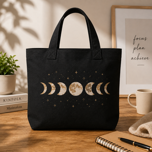 Bolsa de Lona Negra con Estampado de Fases Lunares, Estilo Bohemio, Cierre Personalizado para Compras y Viajes, Todas las Temporadas - Product Image 5