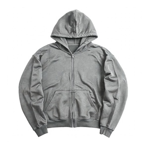 <b>Men</b> <b>Grey</b> Full Zip Hoodie Heavyweight Cotton Fleece <b>Sweatshirt</b> Casual Outerwear Long Sleeve Plain Sportswear Apparel - Product Image 1