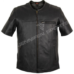 Veste en cuir courte d'hiver personnalisée à demi-manches, faite à la main, pour club moto, respirante avec doublure intérieure en polyester - Product Image 1