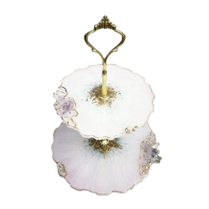 Support à gâteau en résine à 2 niveaux, aspect marbre, fait main, avec accents argentés, élégant présentoir à desserts pour mariage, centre de table moderne pour fêtes à domicile - Product Image 3