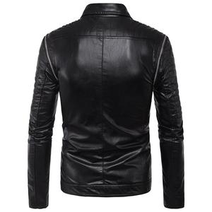 Blouson moto en cuir PU noir pour homme, col montant, fermeture éclair, coupe ajustée, coupe-vent, style manches classiques, idéal pour l'automne - Product Image 1