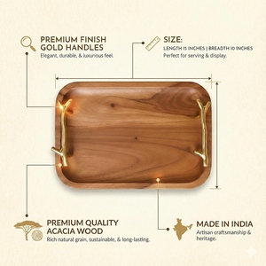 Bandeja de Servir Cuadrada Decorativa de Madera de Acacia Hind Craft Living, con Asas Doradas, Multifuncional, de Lujo, para el Hogar, Diwali - Product Image 6