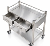 Chariot de laboratoire en acier inoxydable en promotion avec 2 tiroirs télescopiques, chariot de rangement mobile à roulettes pivotantes, résistant à la corrosion