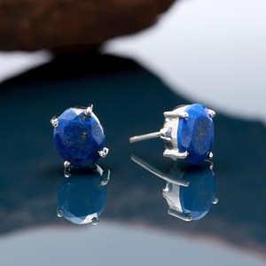 Natural Lapis Lazuli Faceted Oval Shape Gemstone Stud <b>Earrings</b> 11x9mm 925 Sterling <b>Silver</b> <b>Earrings</b> For Women Genuine Gemstone - Product Image 2