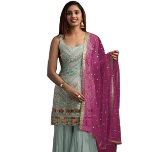 Sensation fraîche confort personnalisé Style Anarkali Faux Georgette tissu manches moins motif à la mode Salwar & Plzzoo ensemble pour femmes ou filles - Product Image 1
