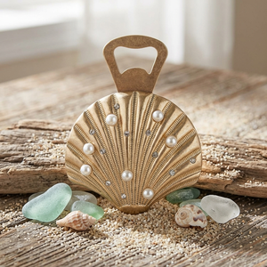 Ouvre-bouteille de luxe en forme de coquille dorée, avec un design côtelé orné de fausses perles élégantes et de cristaux étincelants, idéal pour les bars de plage. - Product Image 5