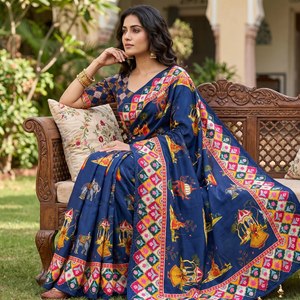 Elegante Saree de Chinnon con Estampado Tradicional, Saree de Chinnon con Estampado Hecho a Mano, Saree para Festivales, Saree para Bodas - Product Image 3