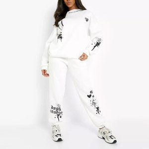 Women's White Streetwear Tracksuit Set Full Sleeve Crew Neck <b>Printed</b> <b>Sweatshirt</b> Pants Elastic Waist Loose Fit Autumn Wear - Product Image 4
